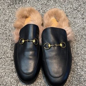 Black Leather Fur-Lined Slip-On Loafers